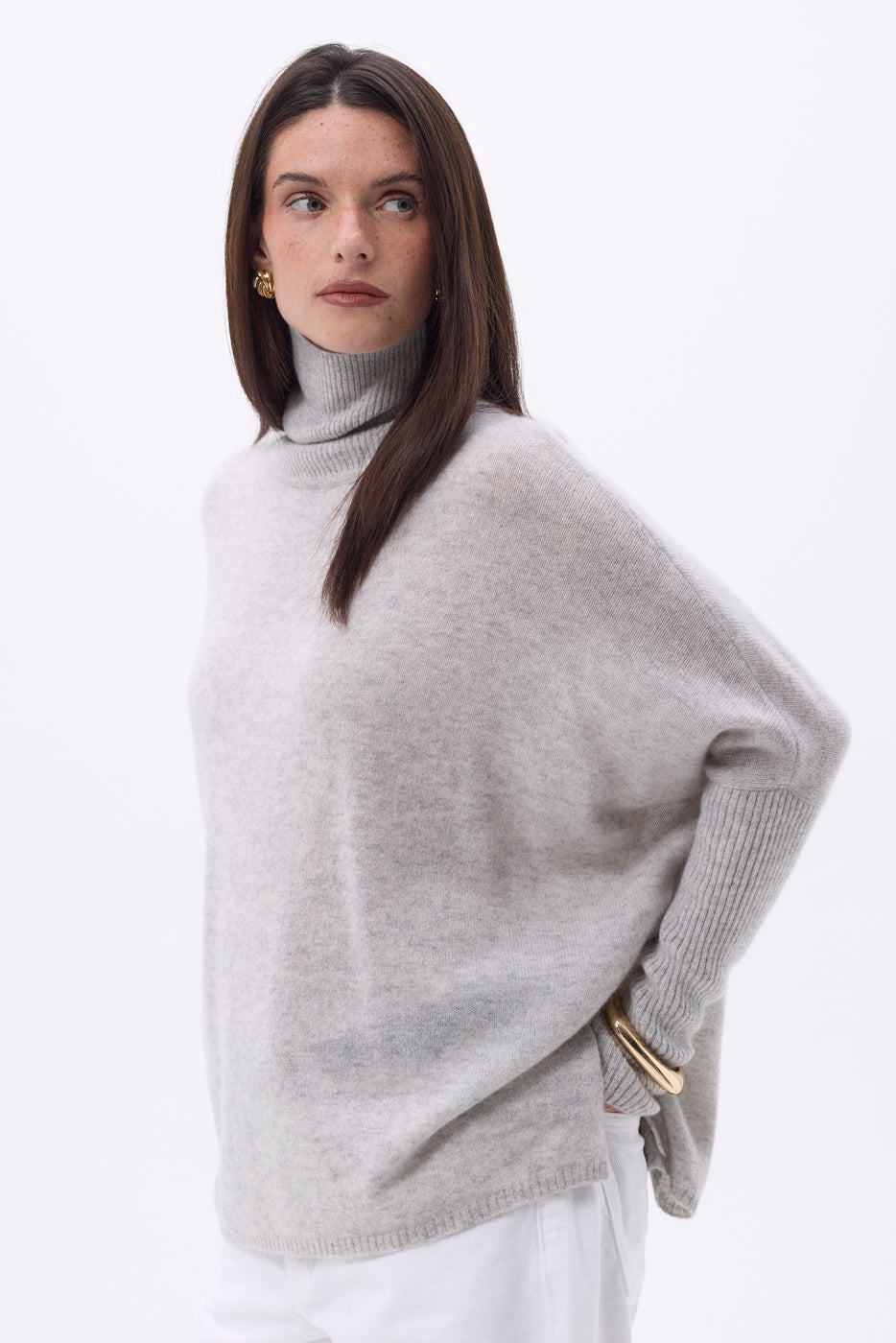 Pull Col Roule Poncho Naya - Gris Clair - Femme - 100% Cachemire