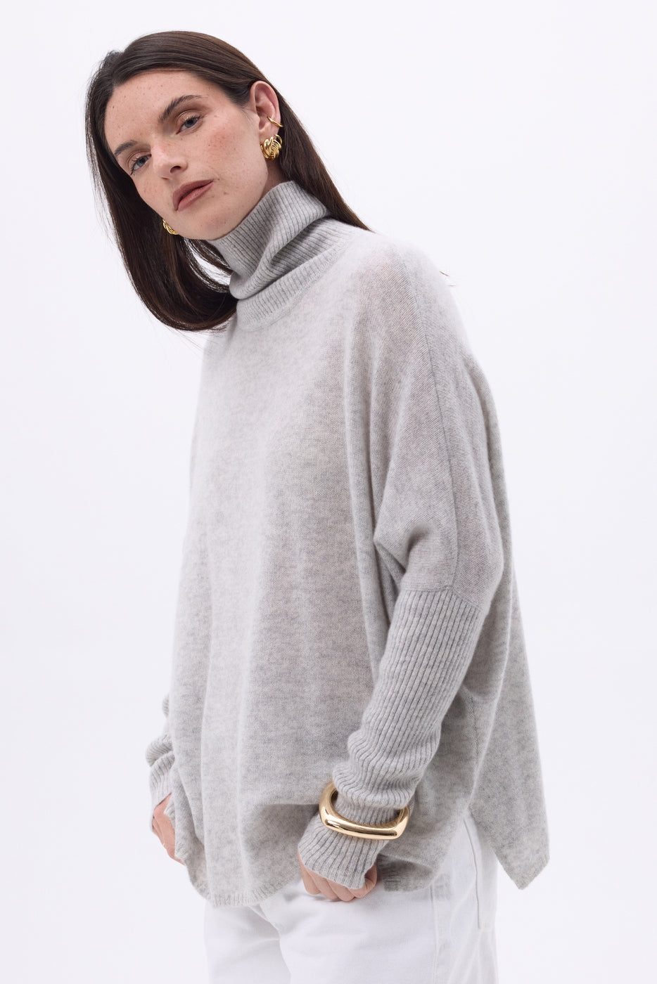 Pull Col Roule Poncho Naya - Gris Clair - Femme - 100% Cachemire