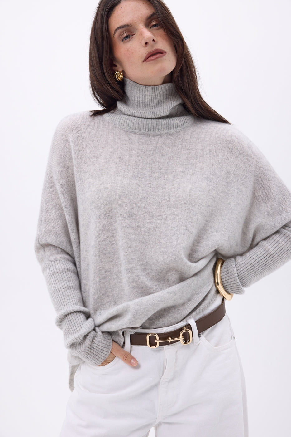 Pull Col Roule Poncho Naya - Gris Clair - Femme - 100% Cachemire