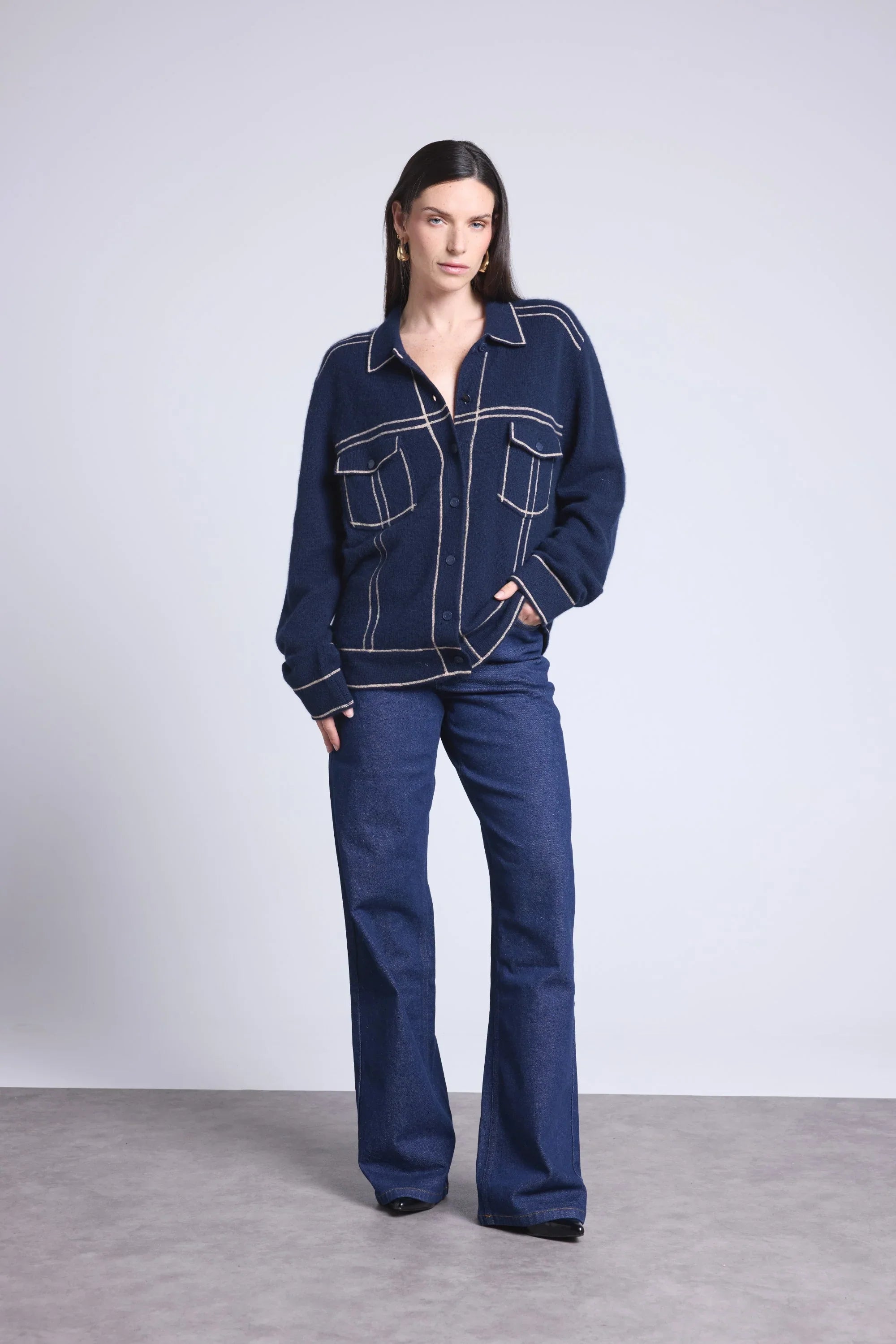 Nina Oversized Cashmere Jacket - Navy Beige - Women
