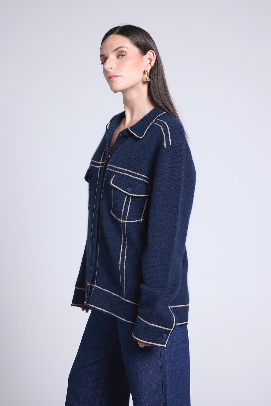 Nina Oversized Cashmere Jacket - Navy Beige - Women