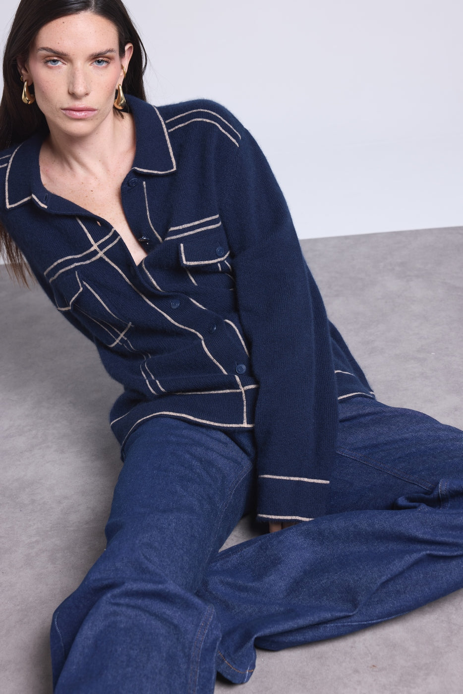 Nina Oversized Cashmere Jacket - Navy Beige - Women