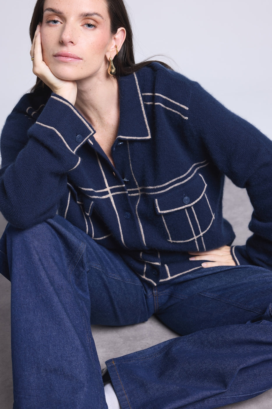 Nina Oversized Cashmere Jacket - Navy Beige - Women