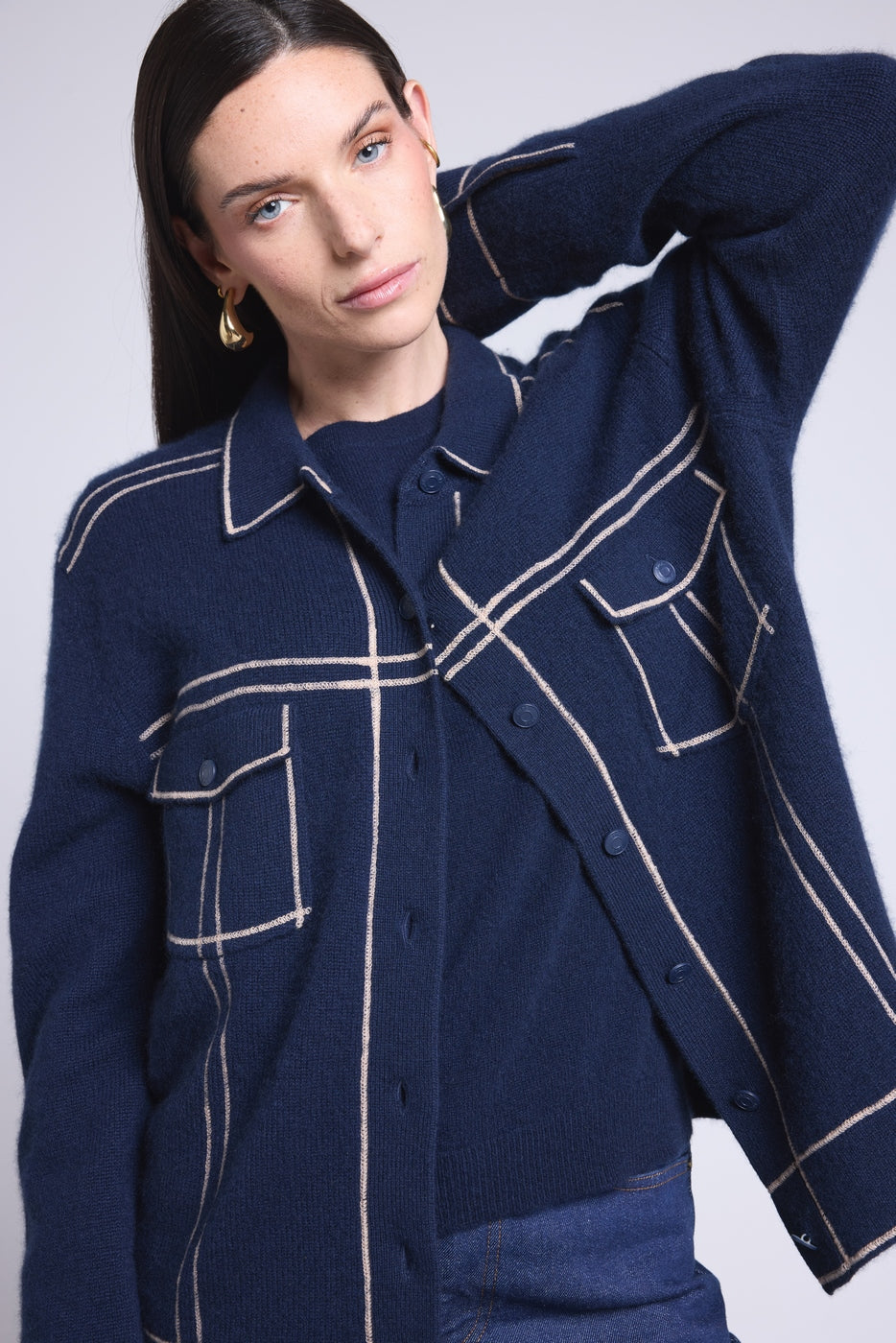 Nina Oversized Cashmere Jacket - Navy Beige - Women