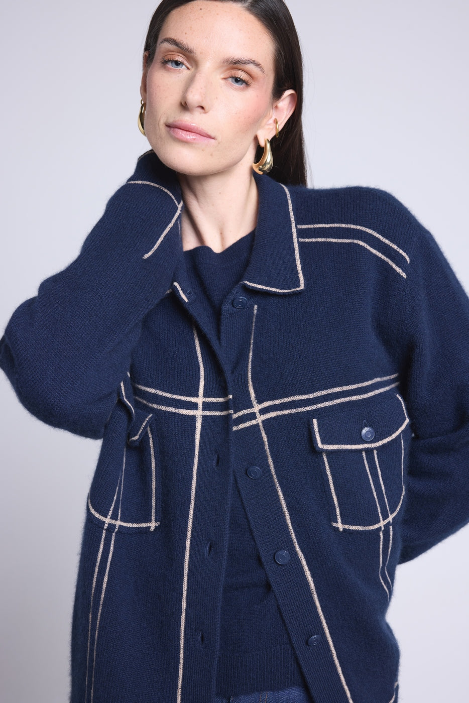 Nina Oversized Cashmere Jacket - Navy Beige - Women