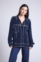Nina Oversized Cashmere Jacket - Navy Beige - Women