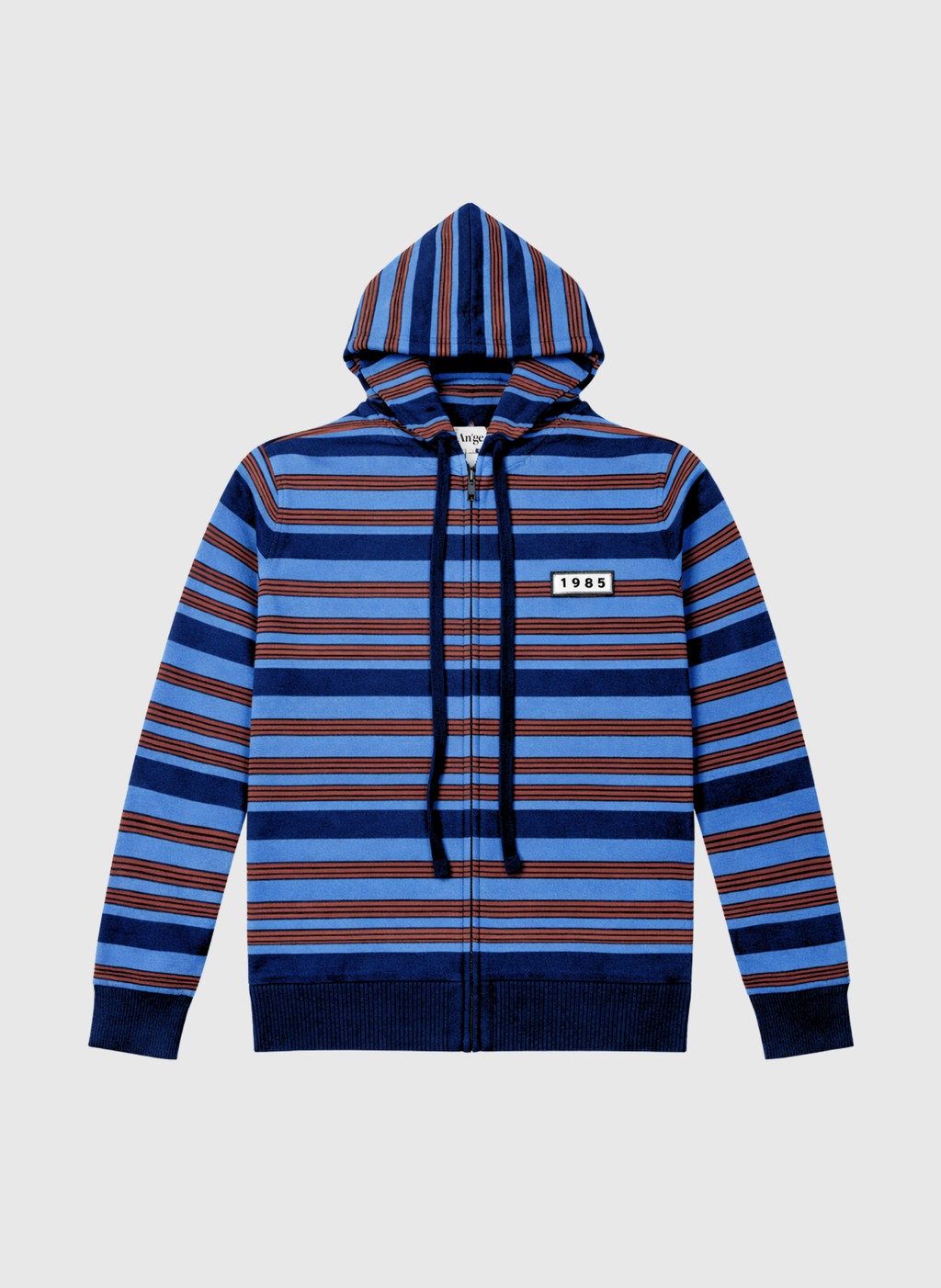 An'ge – Cardigan Norami Marine, felpa con cappuccio e zip a righe blu e marroni, vista frontale