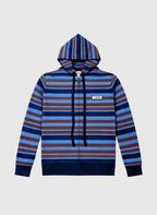 An'ge – Cardigan Norami Marine, felpa con cappuccio e zip a righe blu e marroni, vista frontale