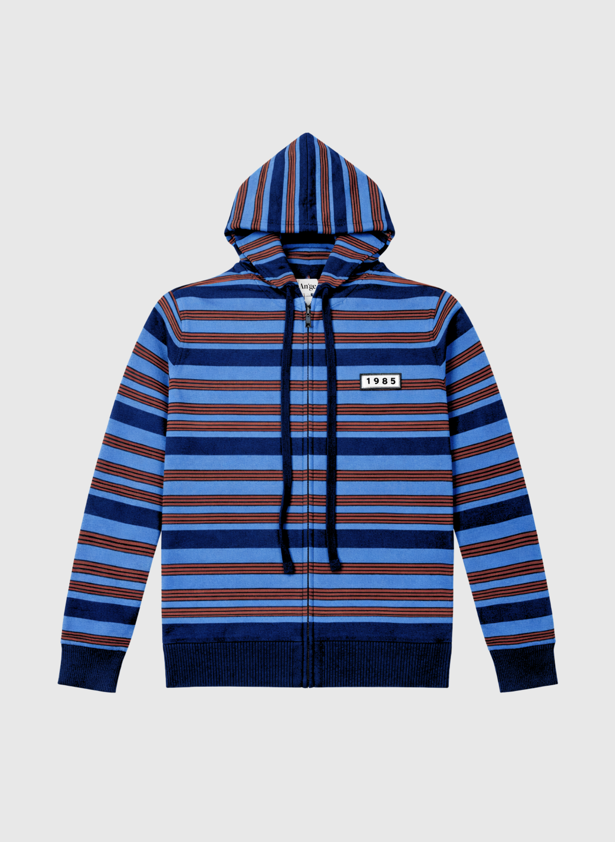 An'ge – Cardigan Norami Marine, felpa con cappuccio e zip a righe blu e marroni, vista frontale
