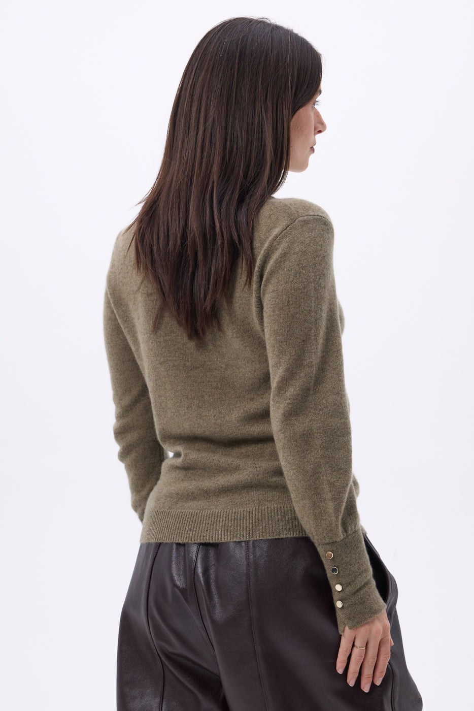 Pull Col Rond Boutons Dorés Manches Ballon Od - Khaki Chine - Femme - 100% Cachemire