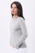 Sweter Z Okrągłym Dekoltem, Złotymi Guzikami I Bufiastymi Rękawami Od – Jasnoszary – Kobieta – 100% Kaszmir