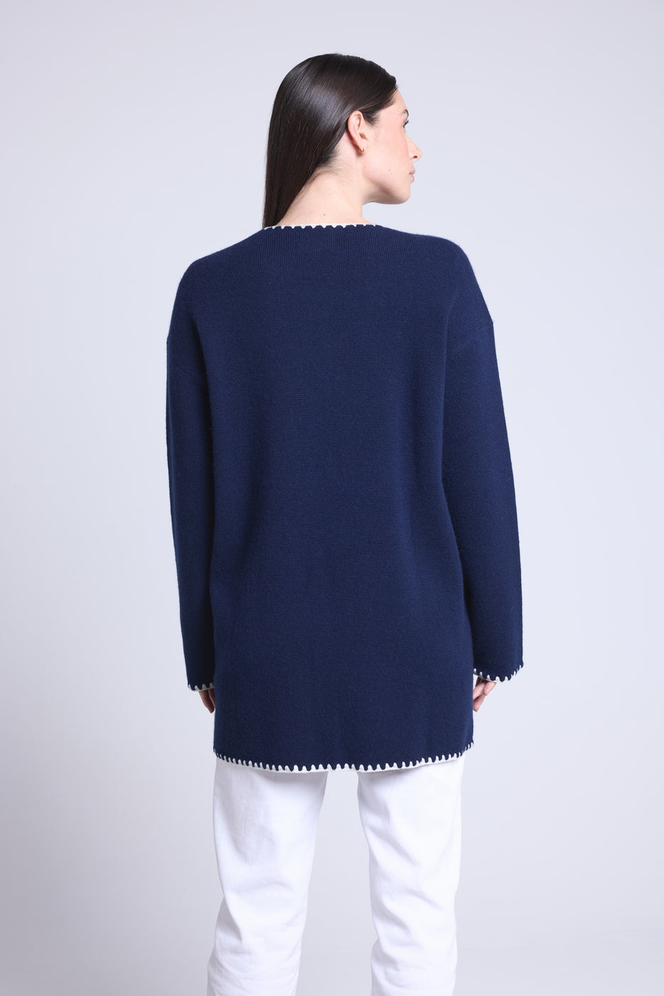 Onice Embroidered Straight Jacket - Navy Blue White - Women
