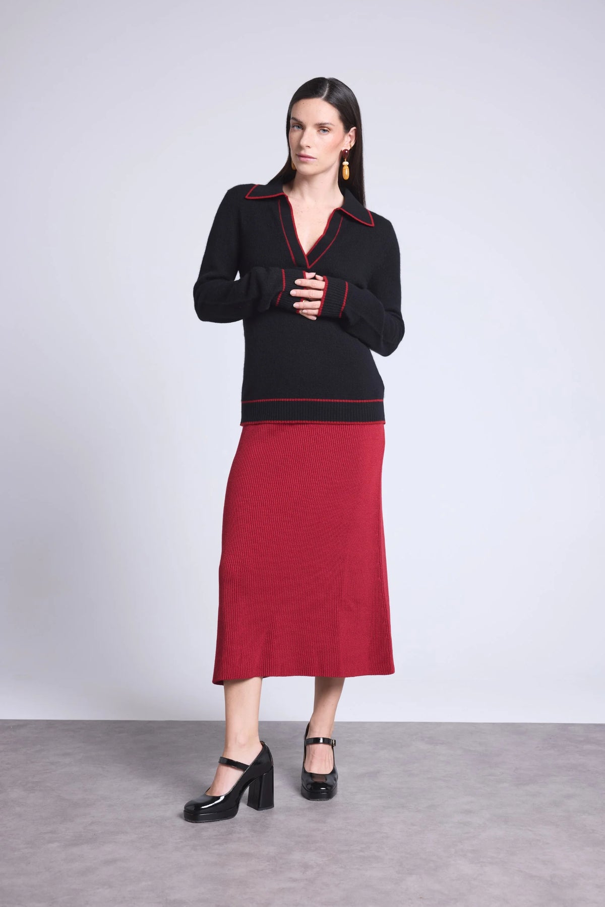 Maglione Collo Polo Opale - Nero E Rosso - Donna - 100% Cashmere