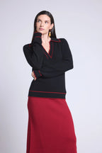 Maglione Collo Polo Opale - Nero E Rosso - Donna - 100% Cashmere