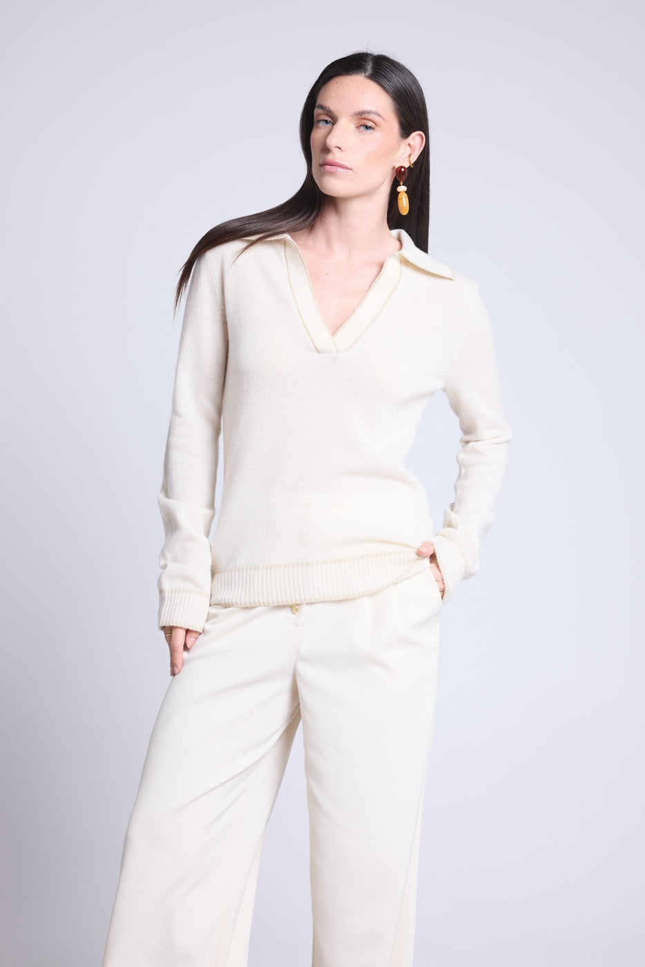 Jersey de cuello polo Opale - Blanco y dorado - Mujer