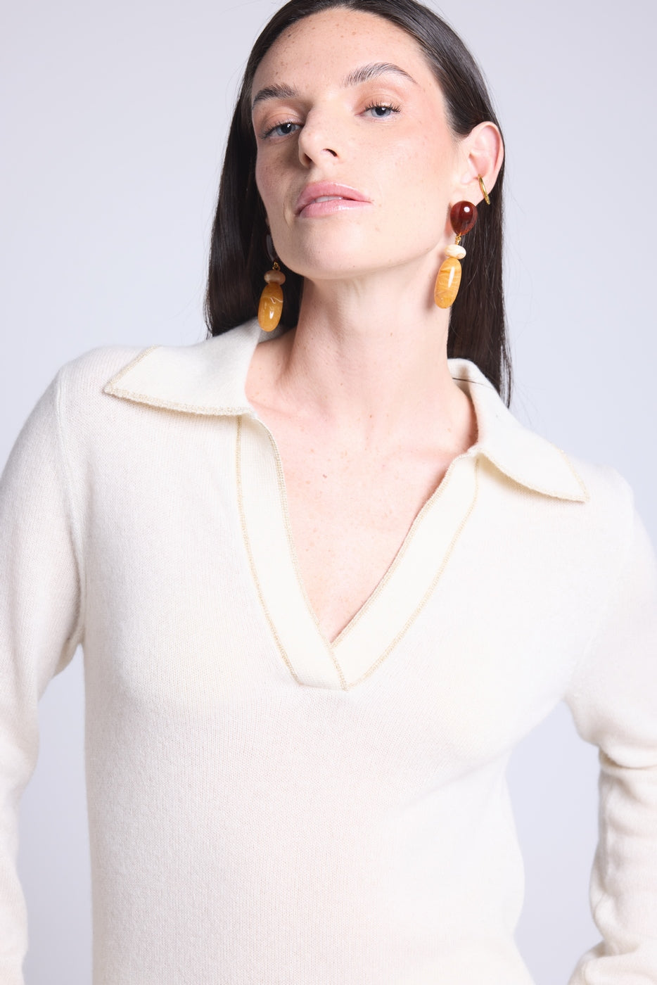 Jersey de cuello polo Opale - Blanco y dorado - Mujer