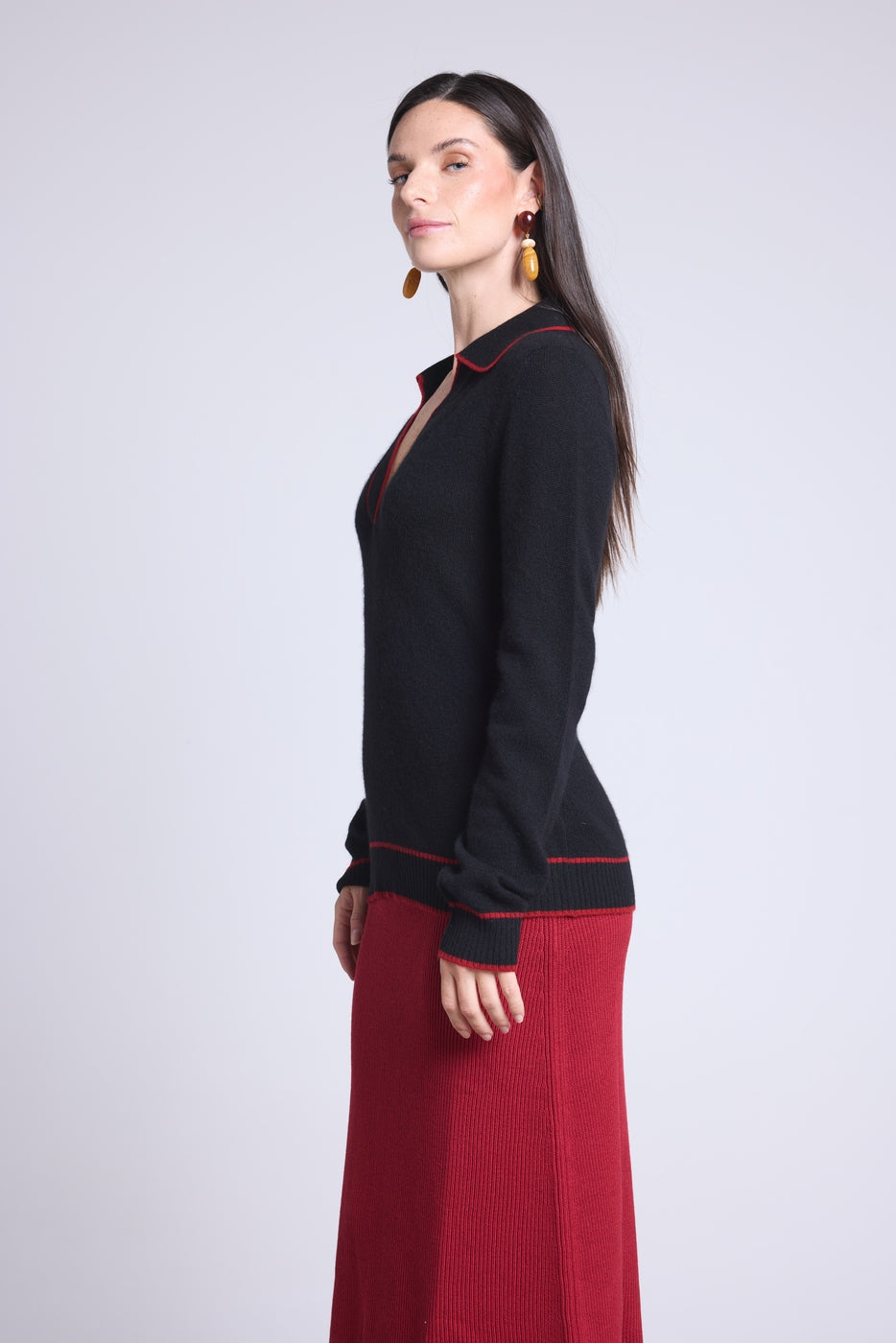 Maglione Collo Polo Opale - Nero E Rosso - Donna - 100% Cashmere
