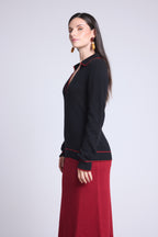 Maglione Collo Polo Opale - Nero E Rosso - Donna - 100% Cashmere