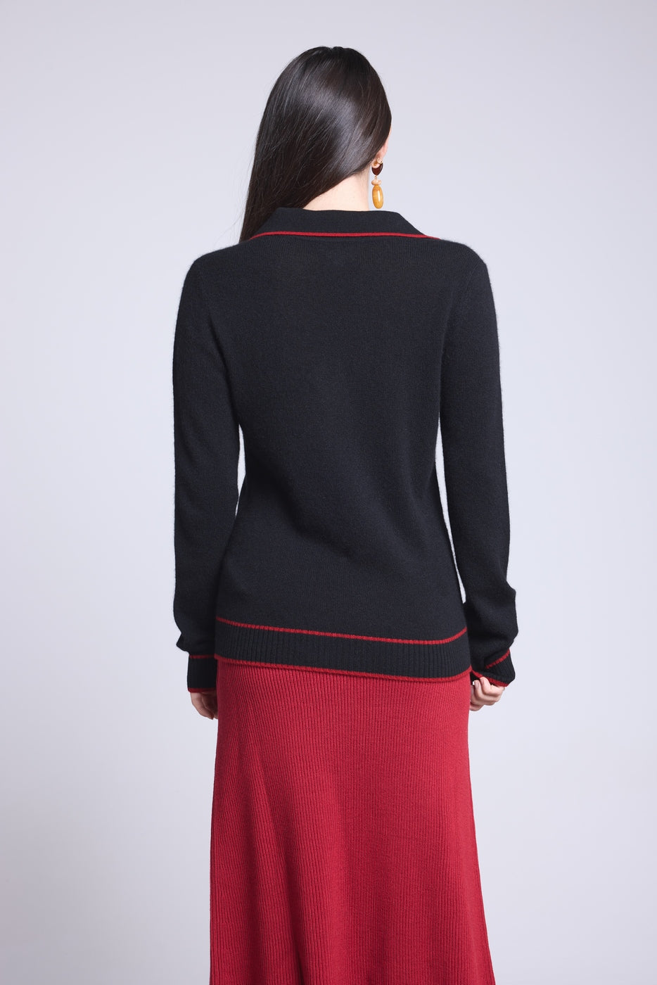 Maglione Collo Polo Opale - Nero E Rosso - Donna - 100% Cashmere