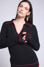 Maglione Collo Polo Opale - Nero E Rosso - Donna - 100% Cashmere