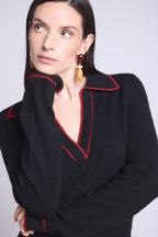 Maglione Collo Polo Opale - Nero E Rosso - Donna - 100% Cashmere
