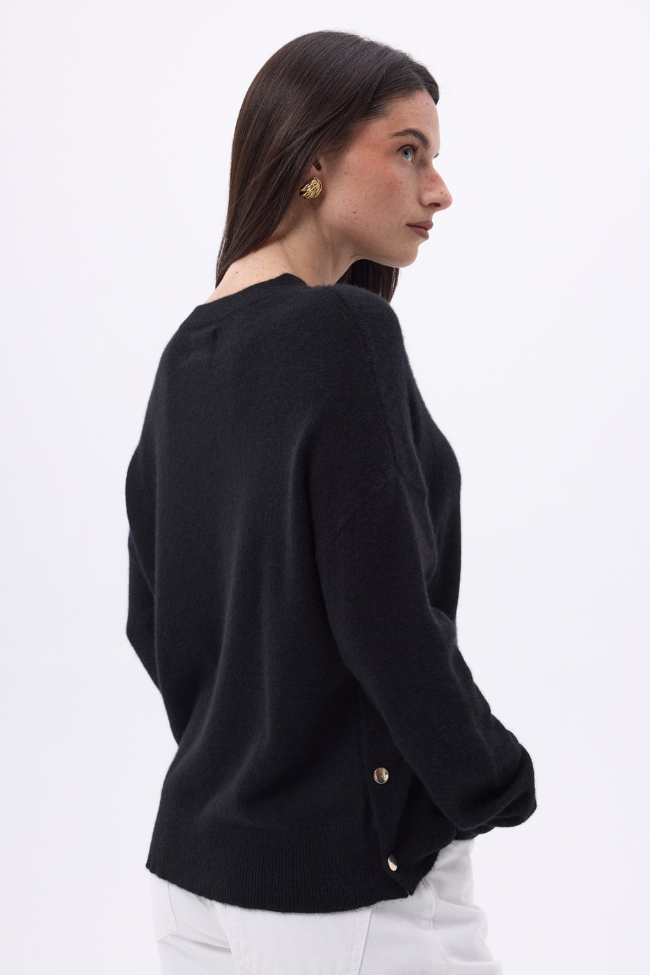 Maglione Girocollo Con Bottoni Laterali Dorati Ora - Nero - Donna - 100% Cashmere