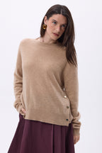 Pull Col Rond À Boutons Latéraux Dorés Ora - Beige Creme - Femme - 100% Cachemire