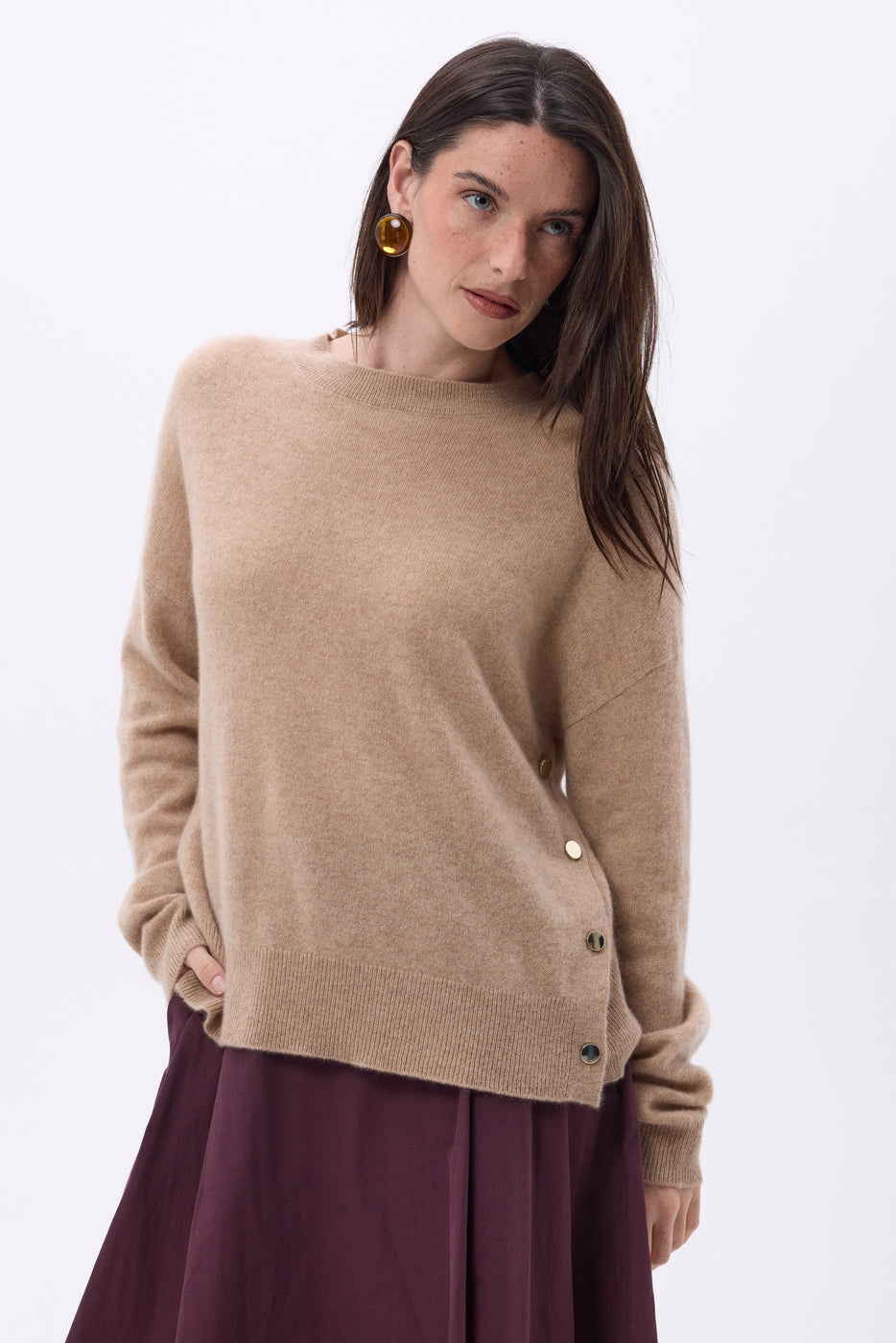 Pull Col Rond À Boutons Latéraux Dorés Ora - Beige Creme - Femme - 100% Cachemire