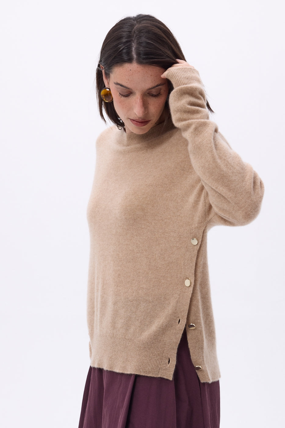 Pull Col Rond À Boutons Latéraux Dorés Ora - Beige Creme - Femme - 100% Cachemire