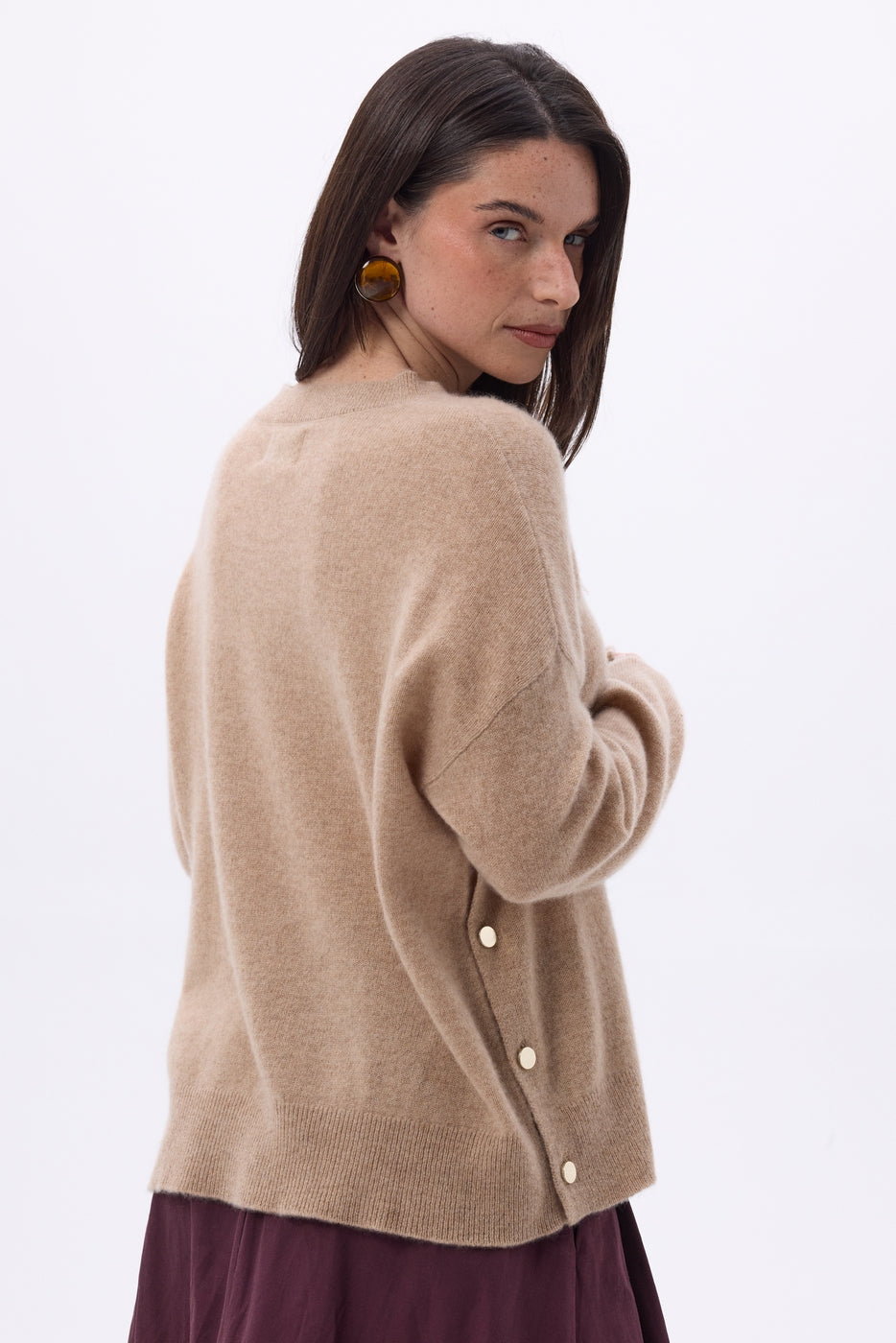 Pull Col Rond À Boutons Latéraux Dorés Ora - Beige Creme - Femme - 100% Cachemire
