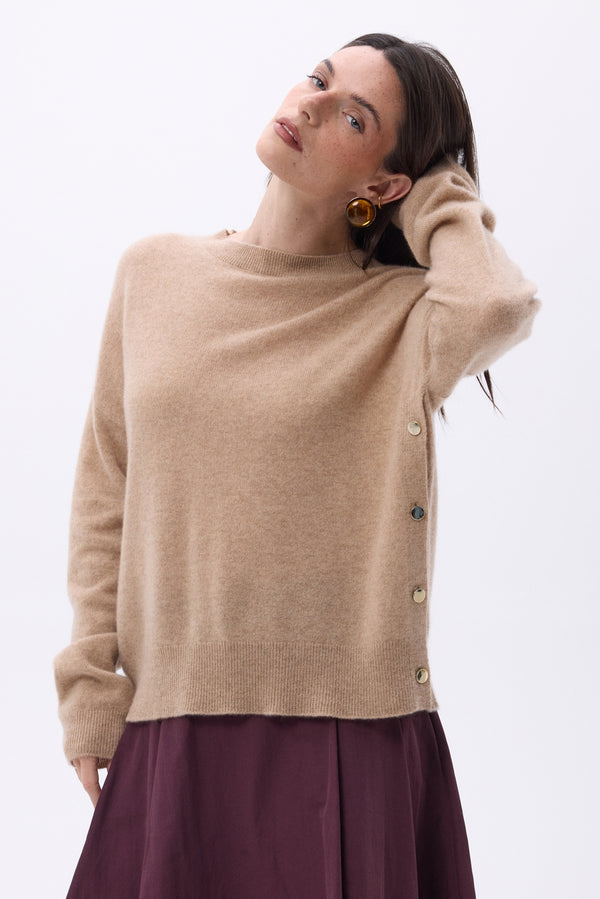 Pull Col Rond À Boutons Latéraux Dorés Ora - Beige Creme - Femme - 100% Cachemire