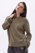 Pull Col Rond À Boutons Latéraux Dorés Ora - Khaki Chine - Femme - 100% Cachemire