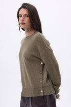 Pull Col Rond À Boutons Latéraux Dorés Ora - Khaki Chine - Femme - 100% Cachemire