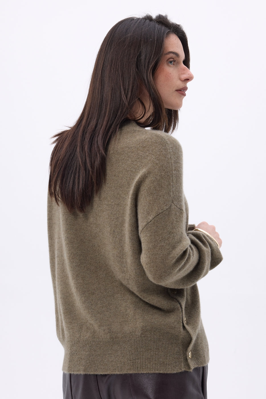 Pull Col Rond À Boutons Latéraux Dorés Ora - Khaki Chine - Femme - 100% Cachemire