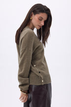 Pull Col Rond À Boutons Latéraux Dorés Ora - Khaki Chine - Femme - 100% Cachemire