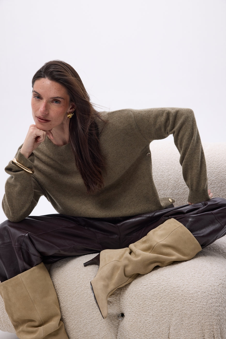Pull Col Rond À Boutons Latéraux Dorés Ora - Khaki Chine - Femme - 100% Cachemire