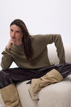 Pull Col Rond À Boutons Latéraux Dorés Ora - Khaki Chine - Femme - 100% Cachemire