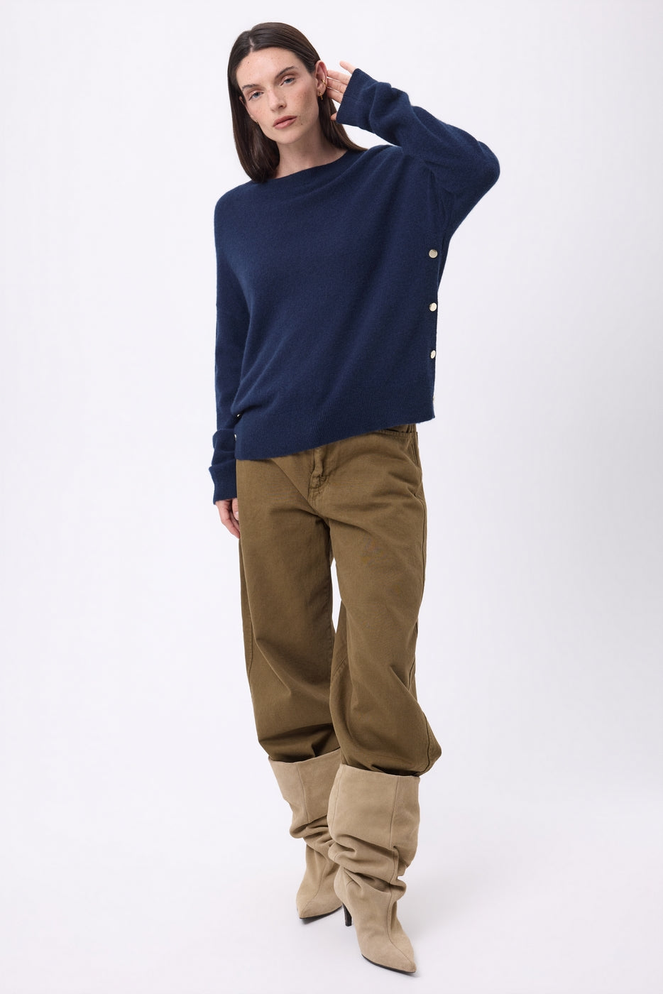 Maglione Girocollo Con Bottoni Laterali Dorati Ora - Blu Marino - Donna - 100% Cashmere