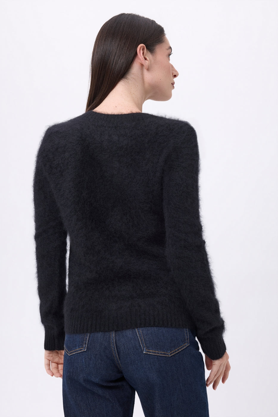 V-Pullover – Gebürsteter Kaschmir Orion – Schwarz – Damen – 100% Gebürsteter Kaschmir