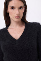 V-Pullover – Gebürsteter Kaschmir Orion – Schwarz – Damen – 100% Gebürsteter Kaschmir