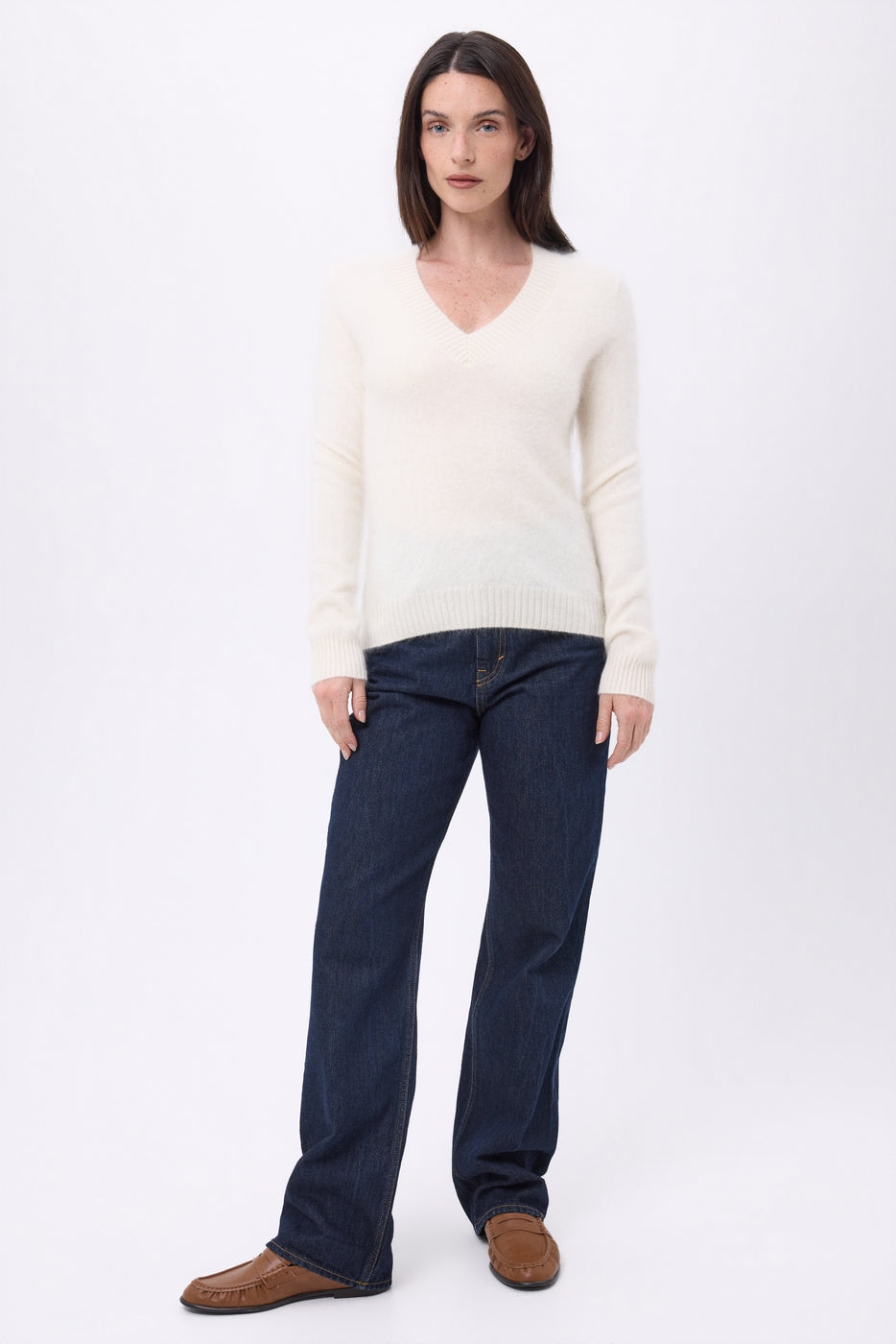Pull Col V – Cachemire Brossé Orion - Ecoblanc - Femme - 100% Cachemire Brosse