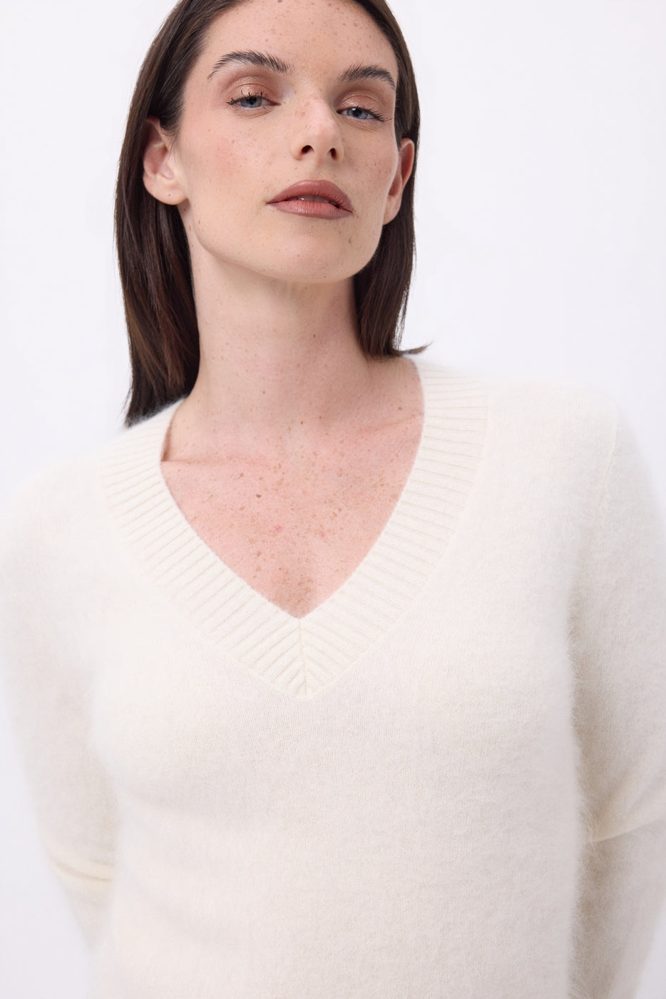 Pull Col V – Cachemire Brossé Orion - Ecoblanc - Femme - 100% Cachemire Brosse