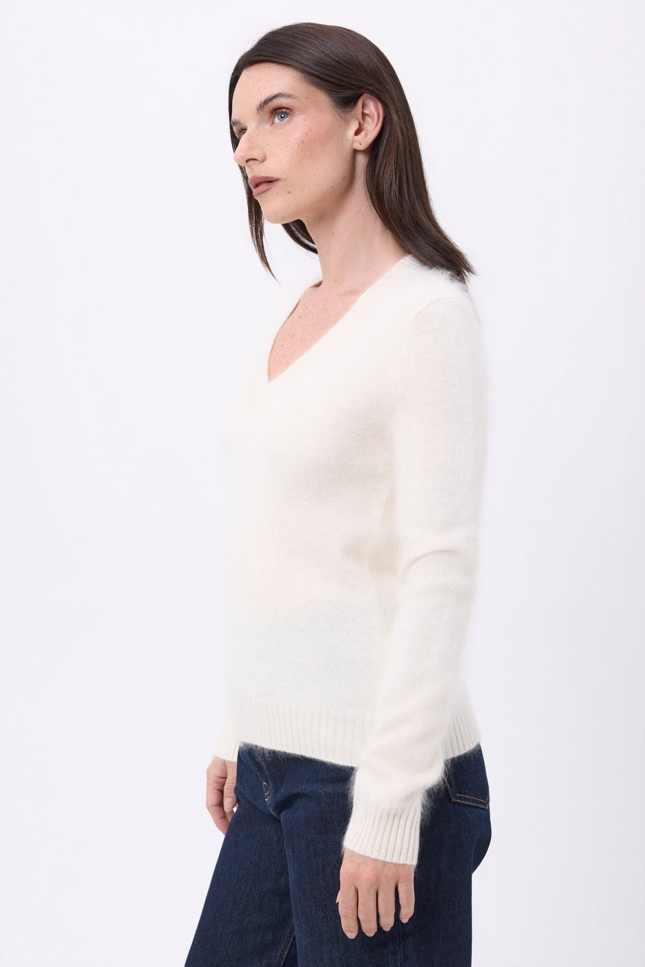 Pull Col V – Cachemire Brossé Orion - Ecoblanc - Femme - 100% Cachemire Brosse