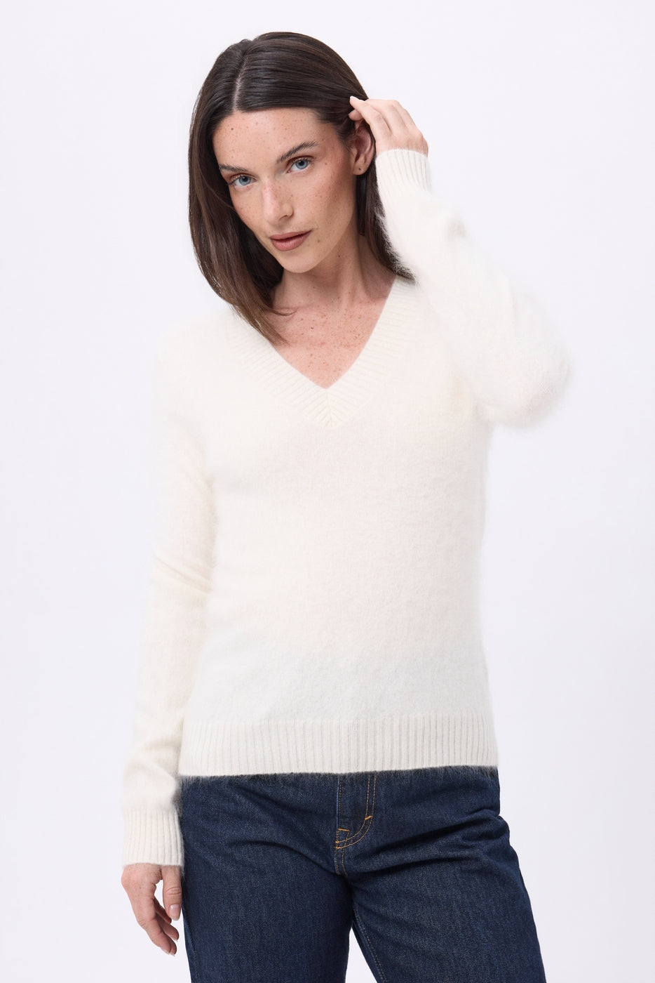 Pull Col V – Cachemire Brossé Orion - Ecoblanc - Femme - 100% Cachemire Brosse