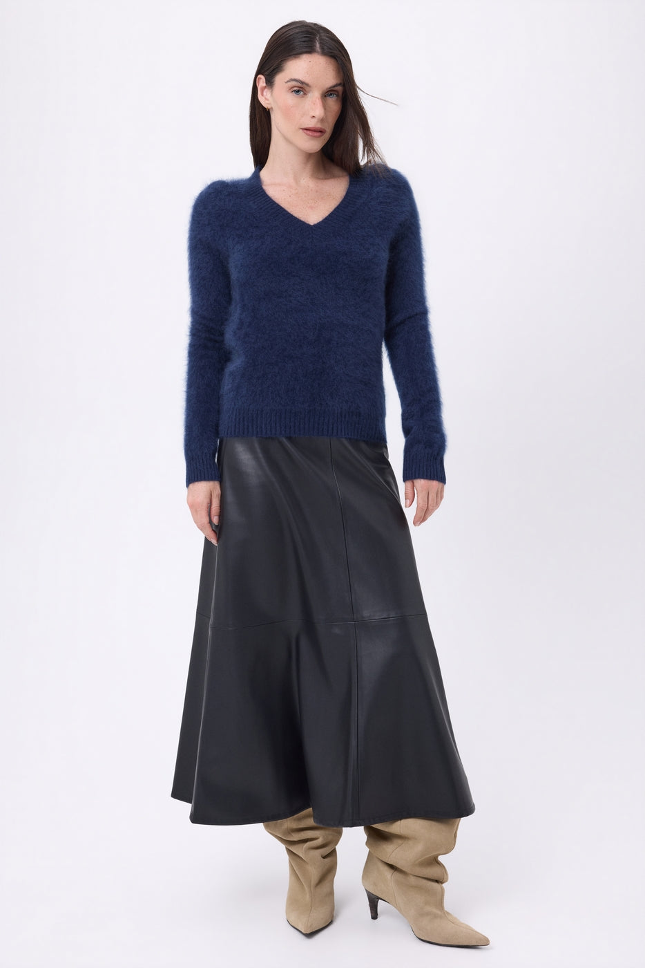 Jersey de cuello en V – Cachemira cepillada Orion - Azul marino - Mujer