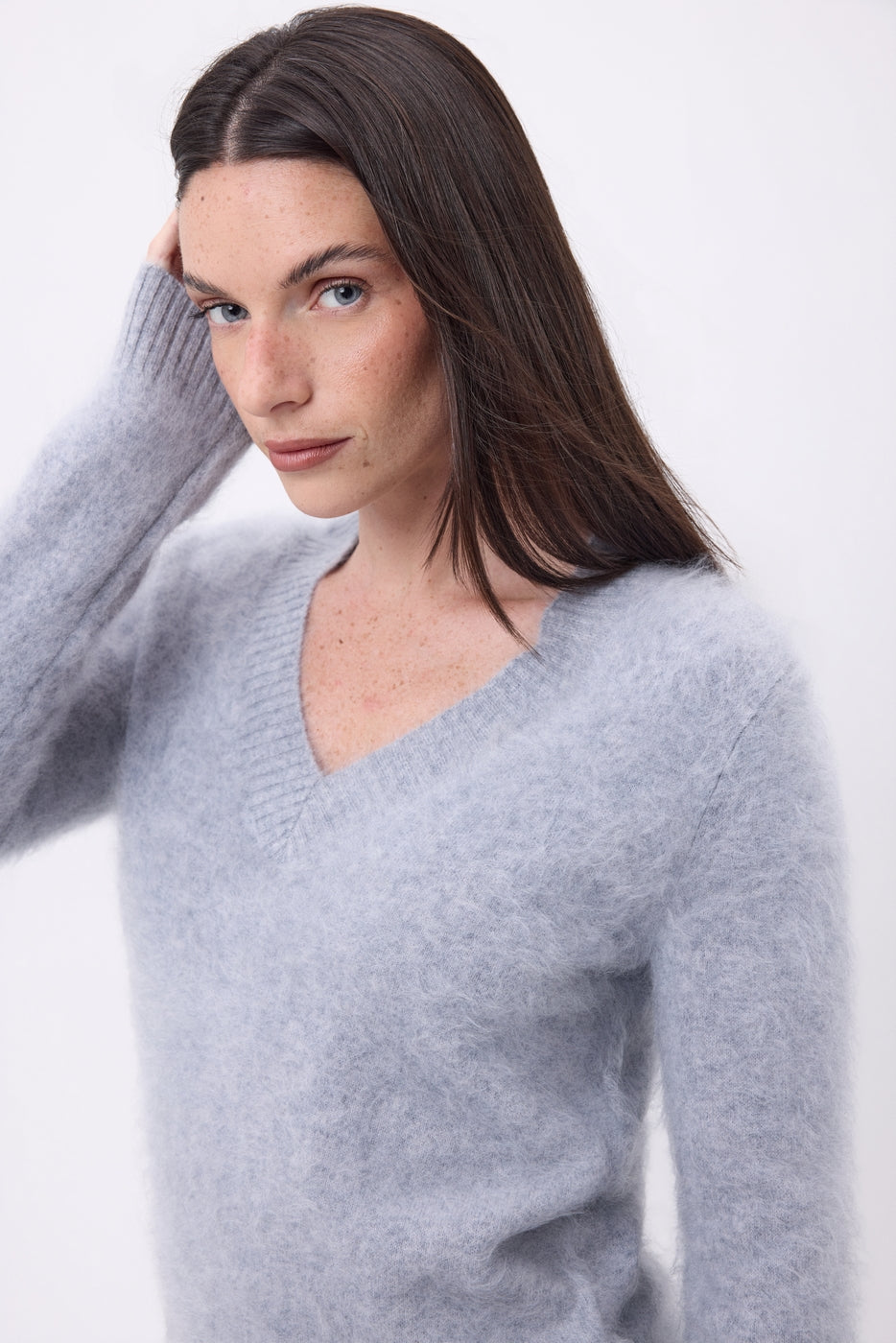 V-Ausschnitt-Pullover – Gebürstetes Kaschmir Orion - Hellgrau - Damen - 100 % Gebürstetes Kaschmir