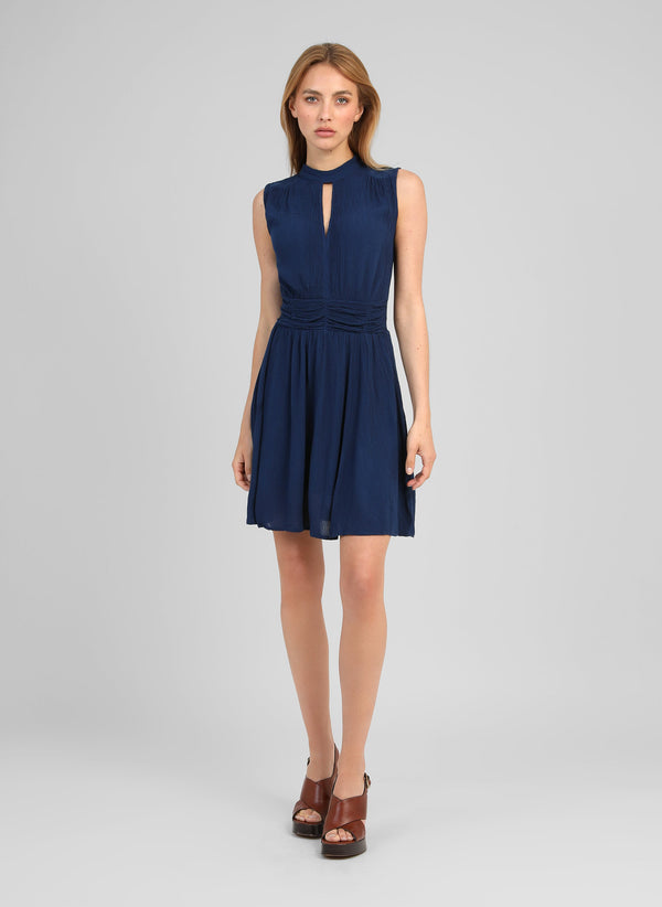 An'ge – Orleane Blue Short Dress, sleeveless navy blue dress worn by a model, front view