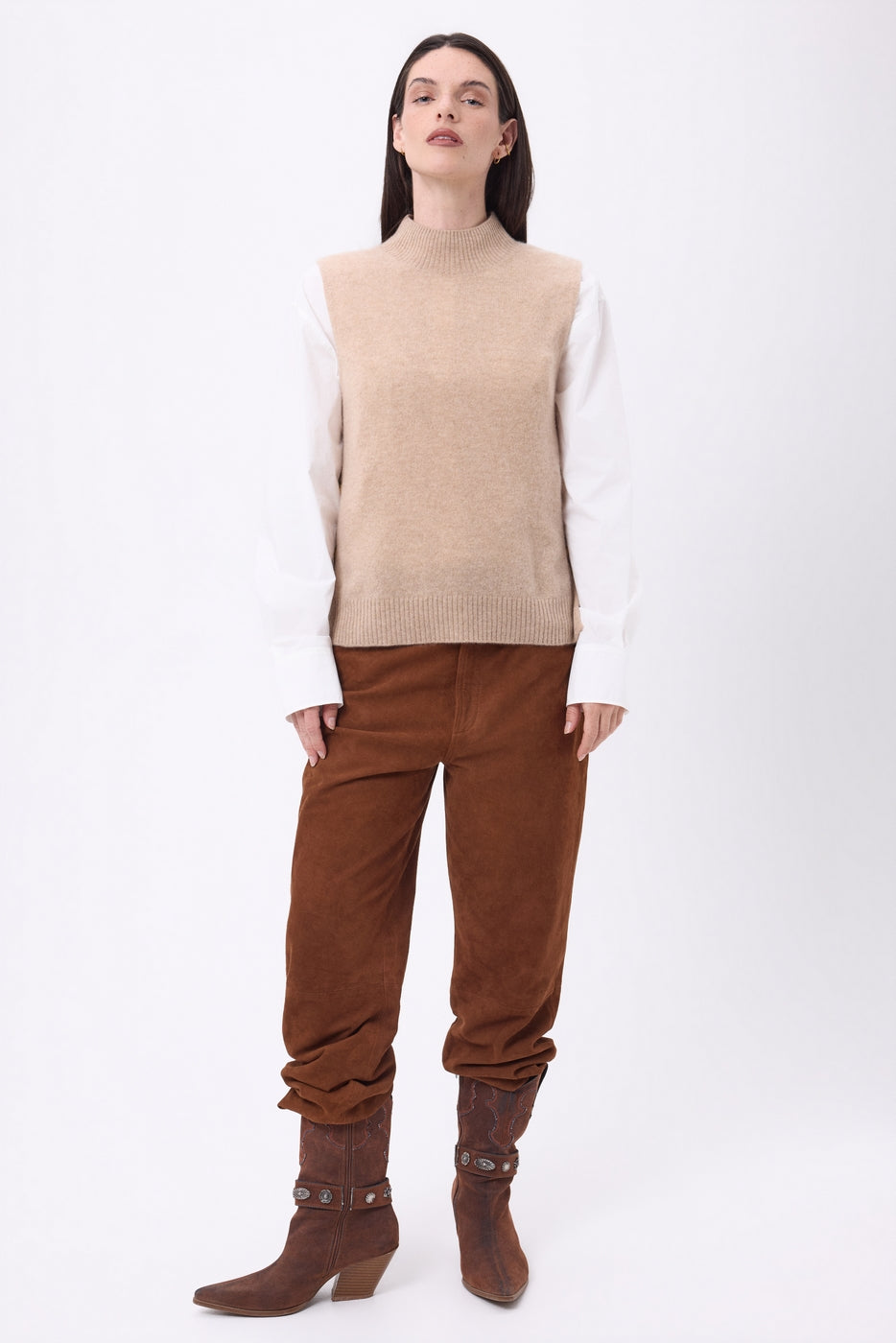 Maglione a collo alto senza maniche con bottoni dorati Orta - Beige crema - Donna - 100% cashmere