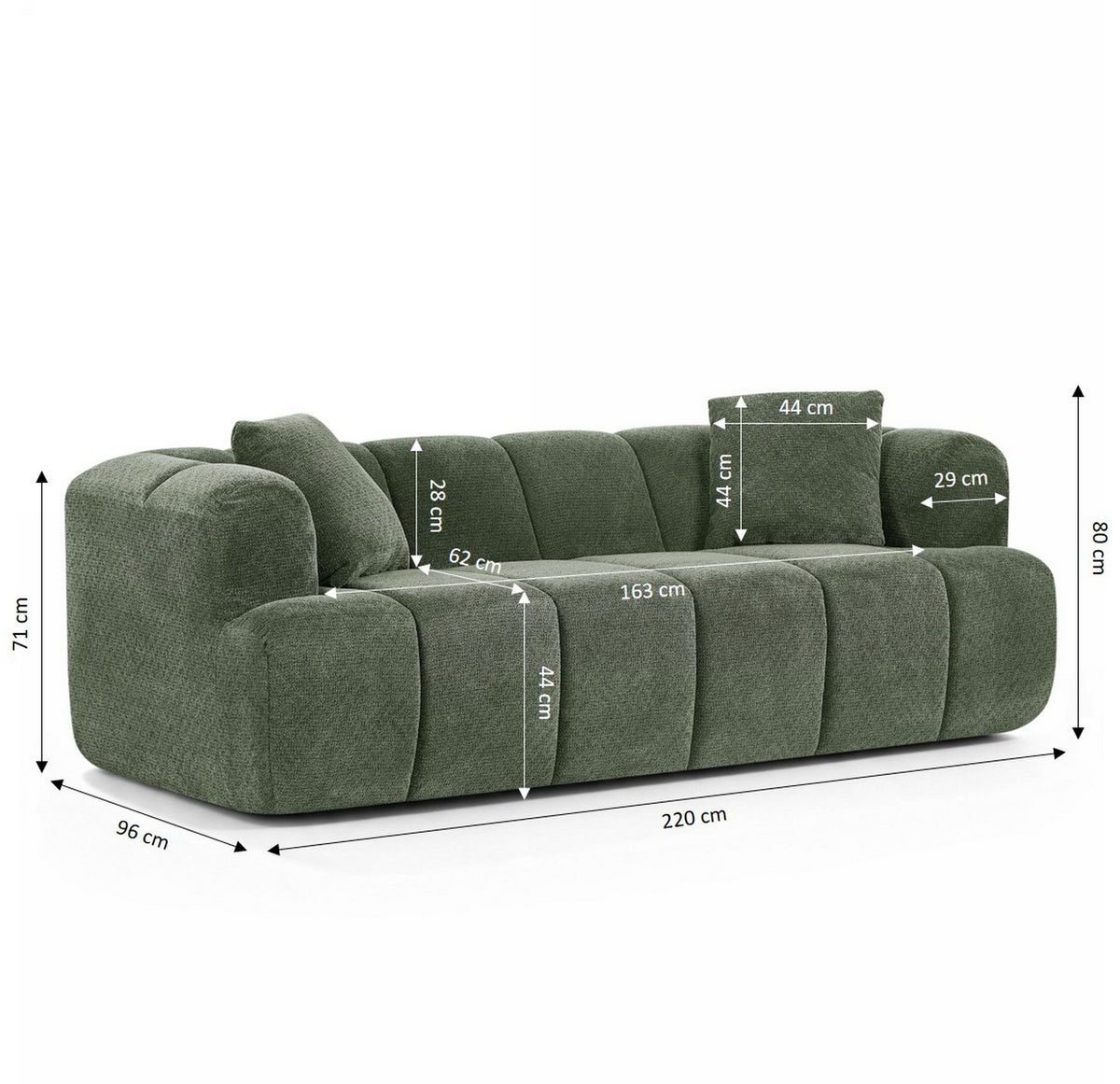 Orva - Canapé Droit Compressé 3 Places - Tissu Chenille - Vert
