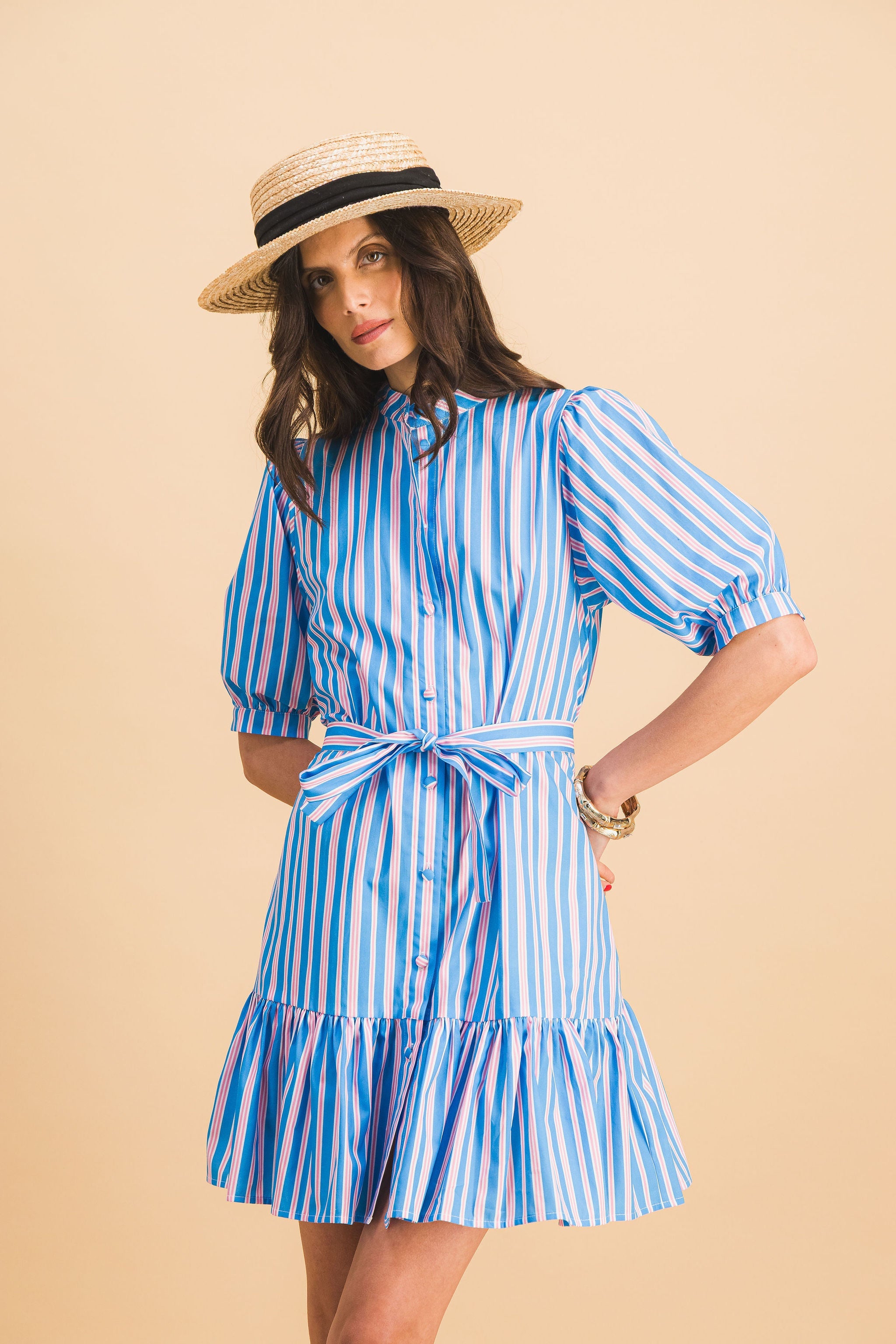 Vestido Rayas Clementina Azul Y Rosa